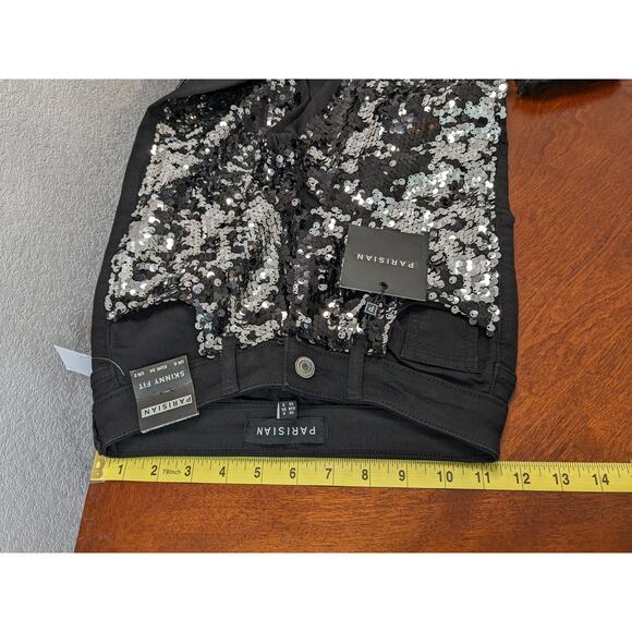 Parisian Sequin Jeans Womens 2 Black Silver Skinny Concert Mid Rise Embellished - Picture 8 of 13